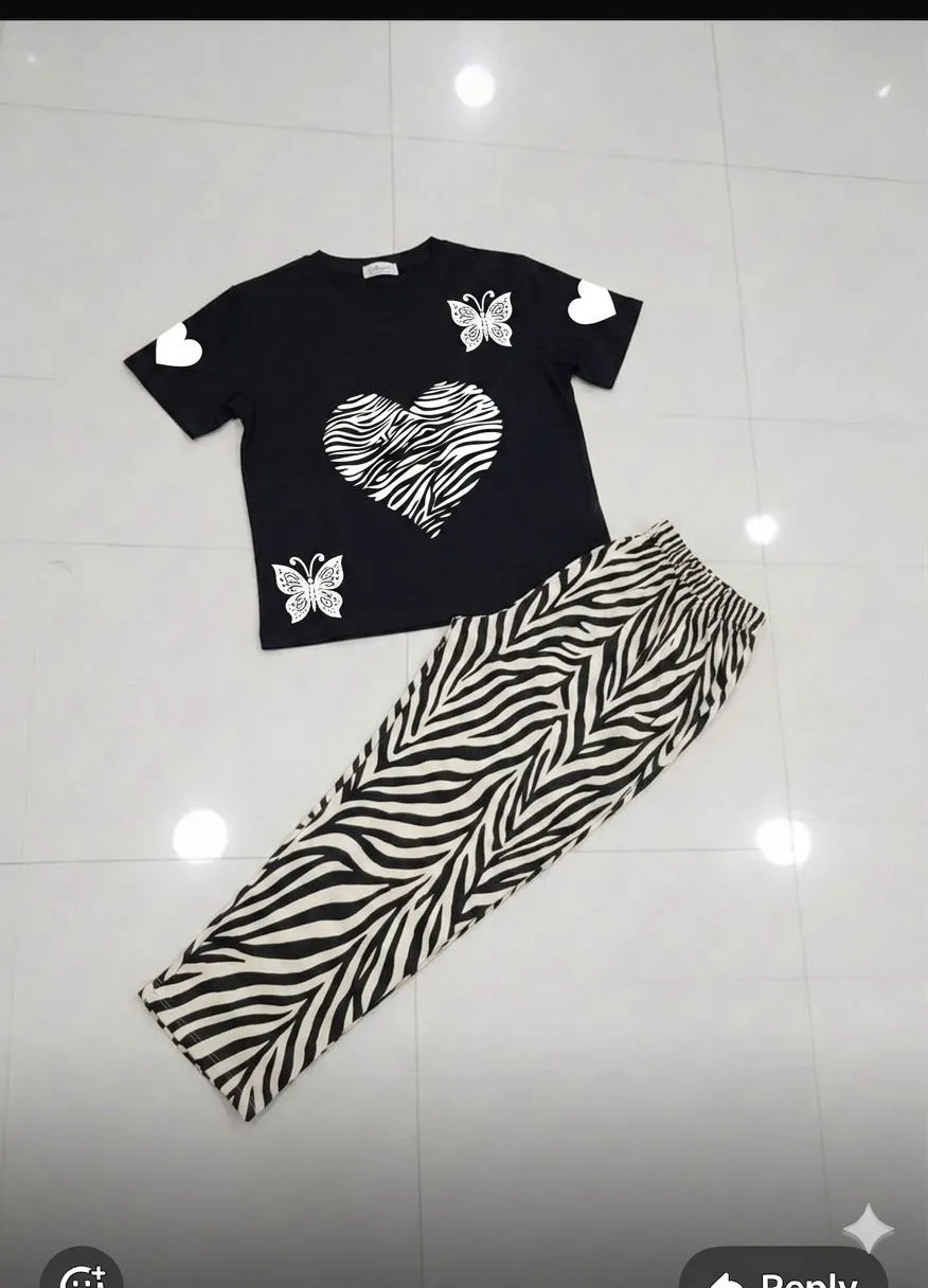 Women's Black Heart Butterfly T-Shirt with Zebra Pants Set