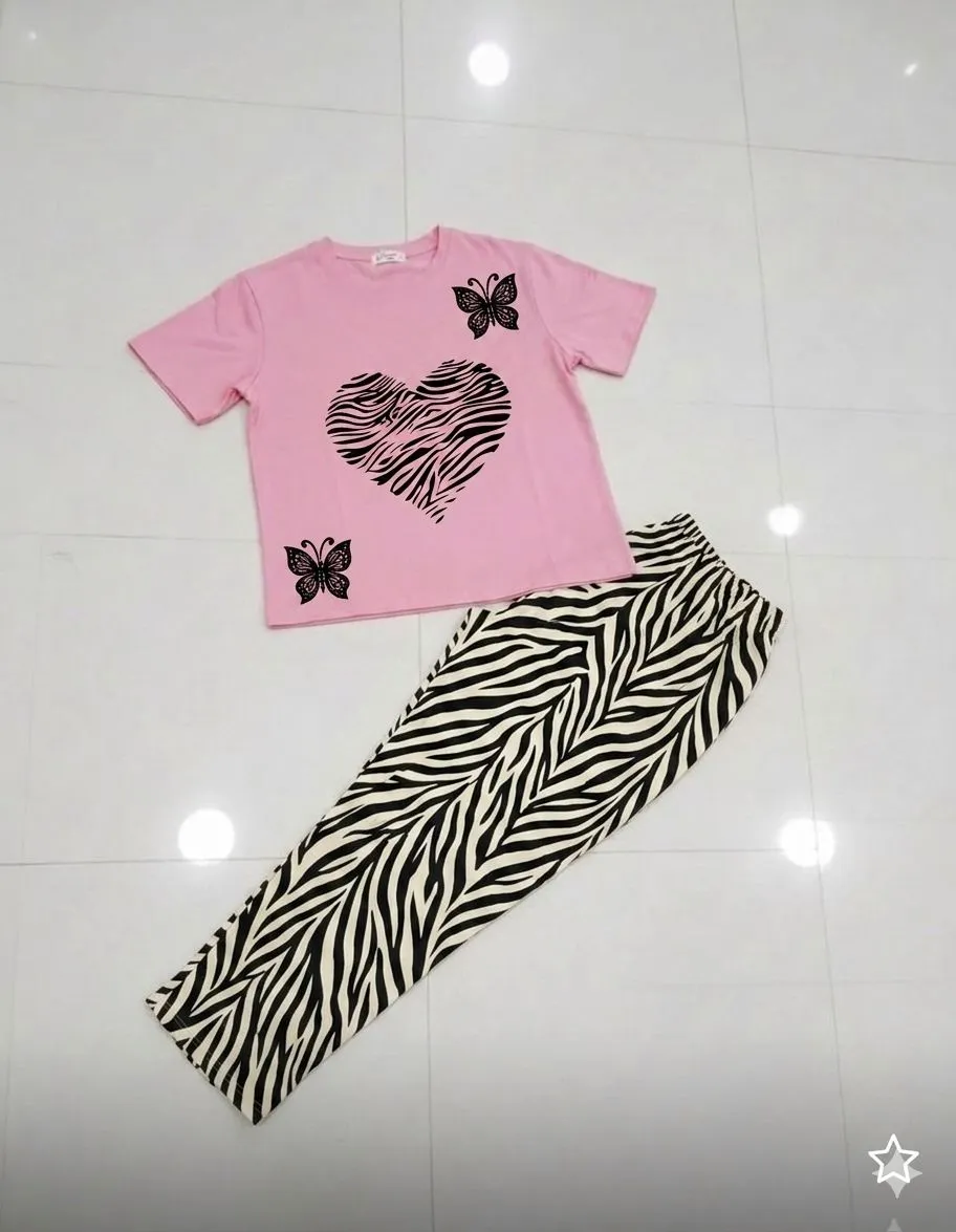 Pink Heart Print Night Suit for Girls Zebra Pants Medium to XL