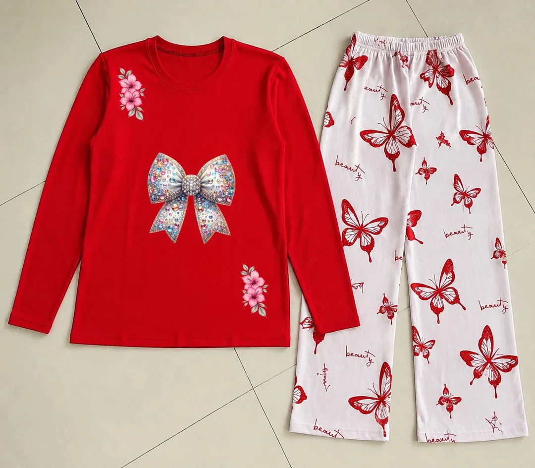 Red Printed Night Suit for Women Butterfly Pattern