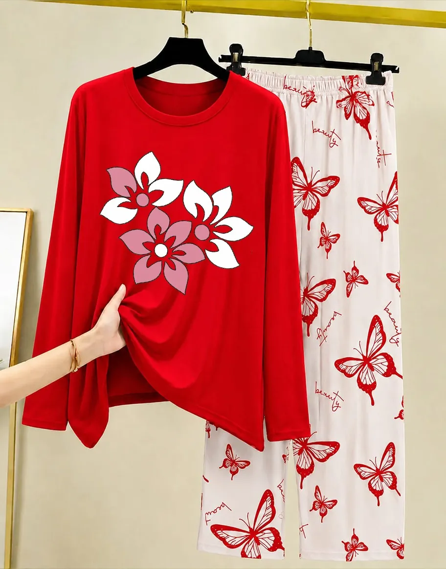 Red Floral Butterfly Night Suit for Women