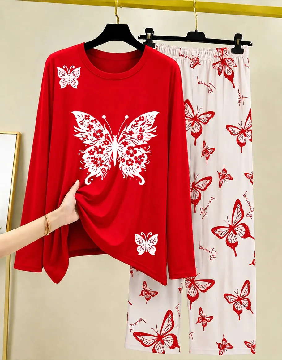Red Butterfly Printed Night Suit for Women