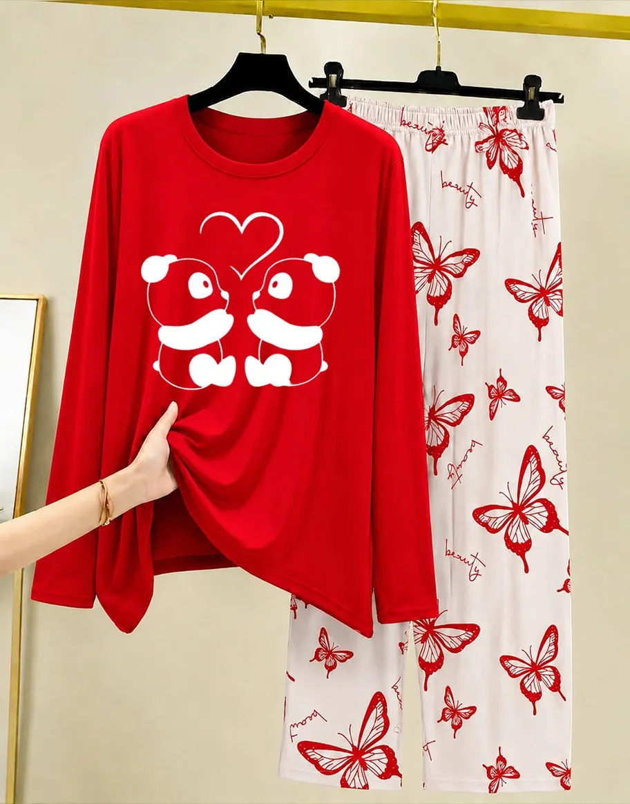 Red Butterfly Print Night Suit for Women 28"