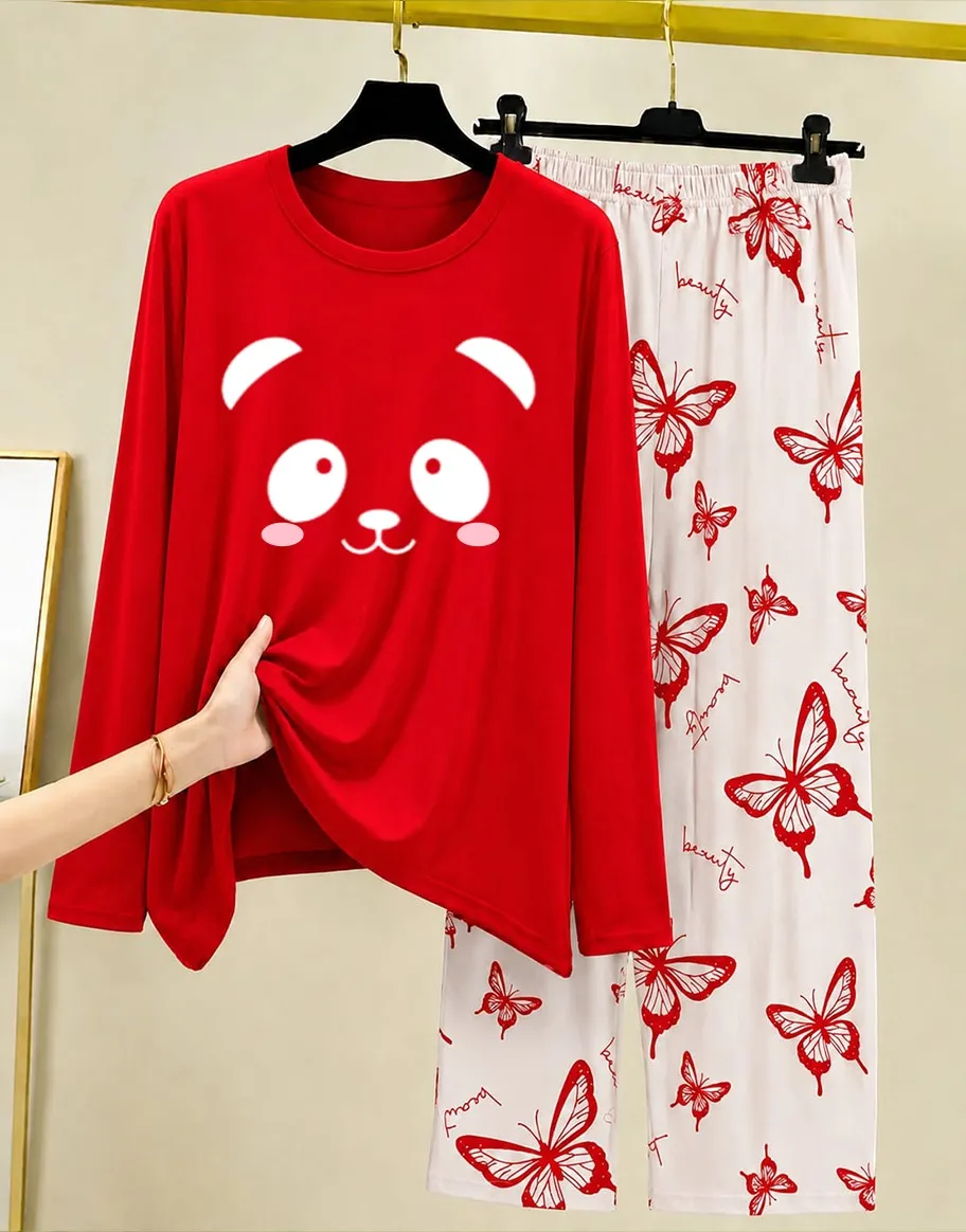 Red Cat Print Night Suit for Women 28"