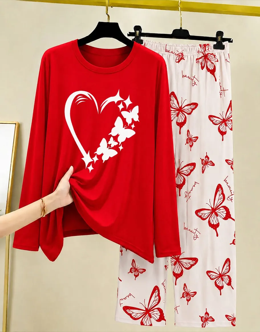 Red Butterfly Heart Night Suit for Women