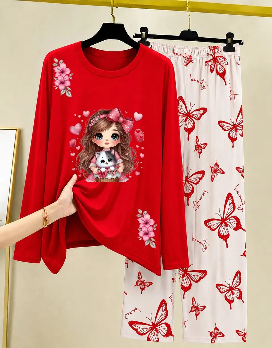 Red Printed Night Suit for Girls with Butterfly Design