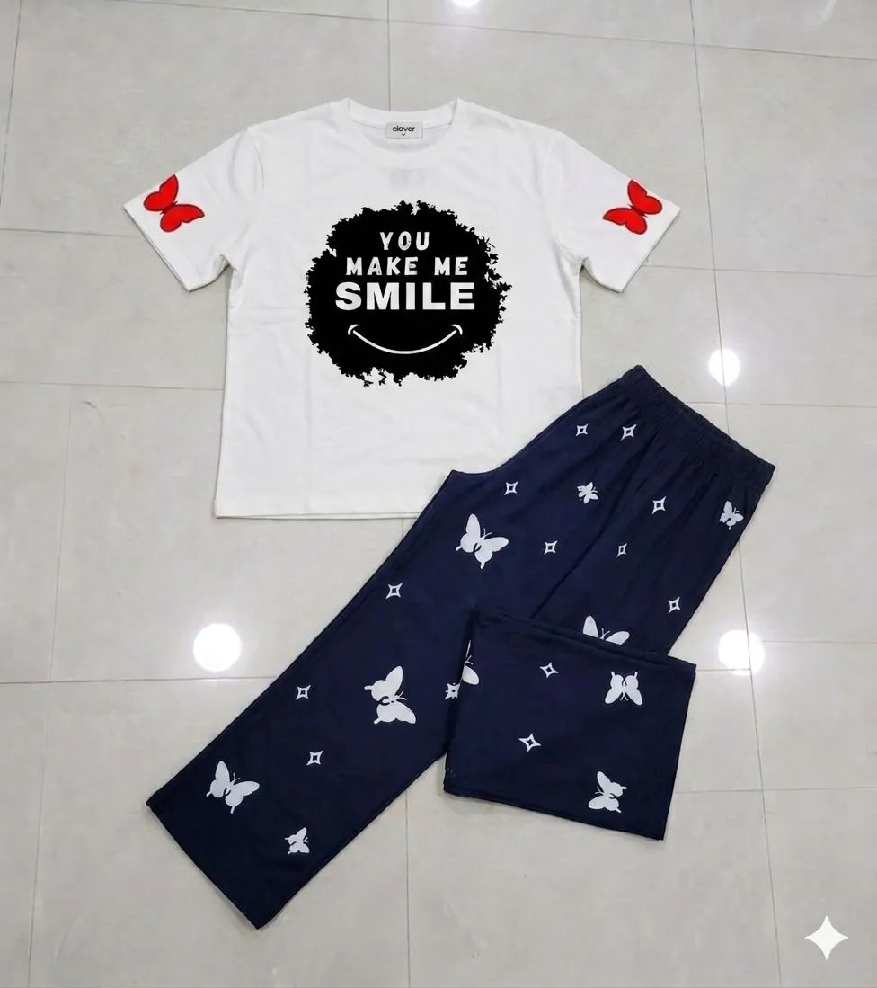 Women Printed Night Suit White Blue Butterfly Jersey 2 Pcs
