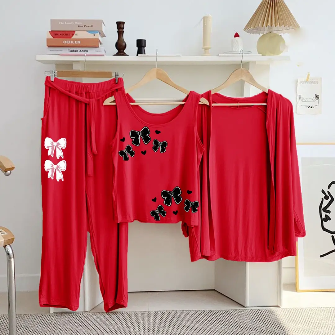 3 Pcs Women's Stitched Jersey Printed Night Suit