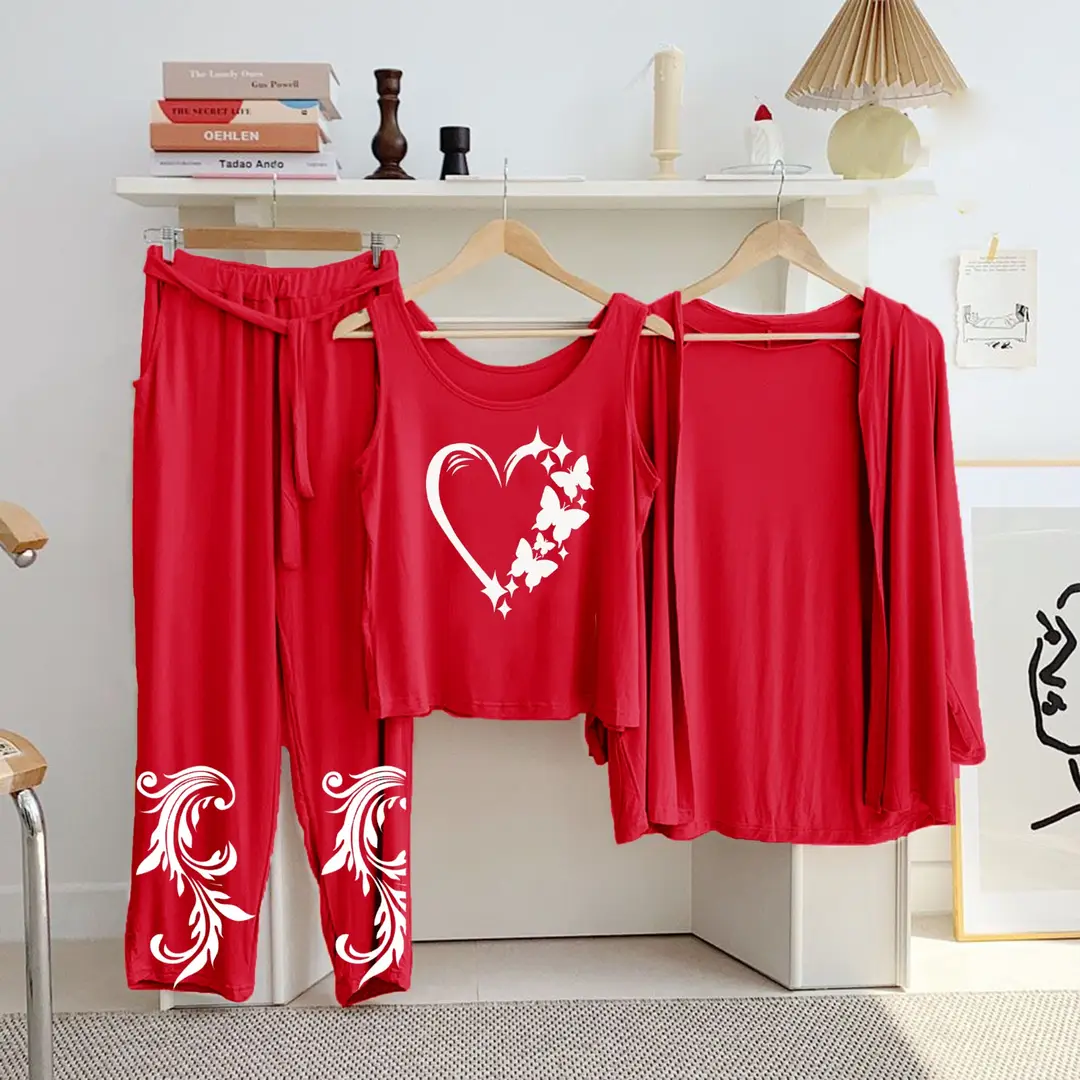 3 Pcs Women's Stitched Jersey Printed Night Suit