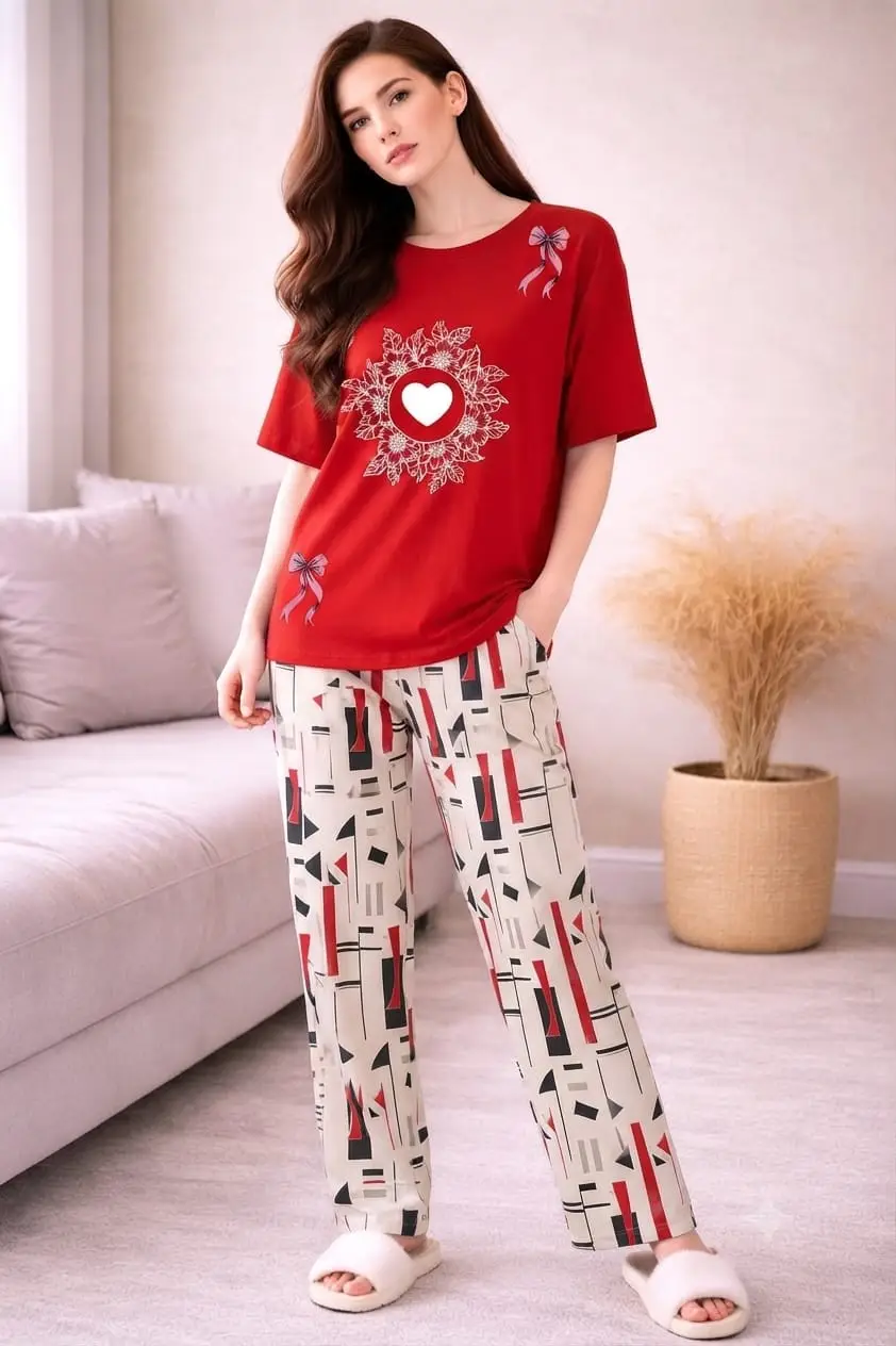 2 Pcs Women's Stitched Jersey Printed Night Suit