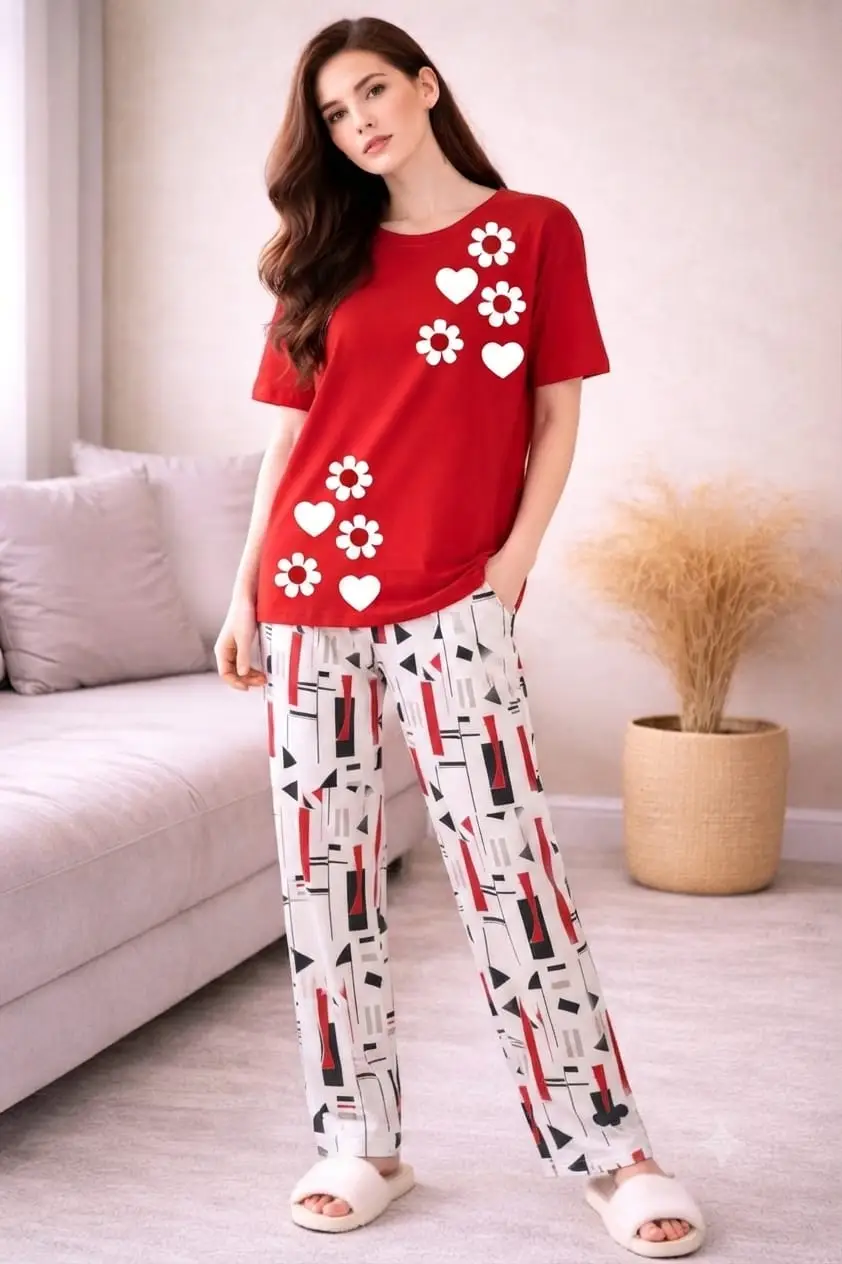 2 Pcs Women's Stitched Jersey Printed Night Suit