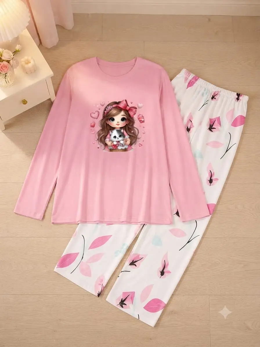 2 Pcs Women's Stitched Jersey Printed Night Suit