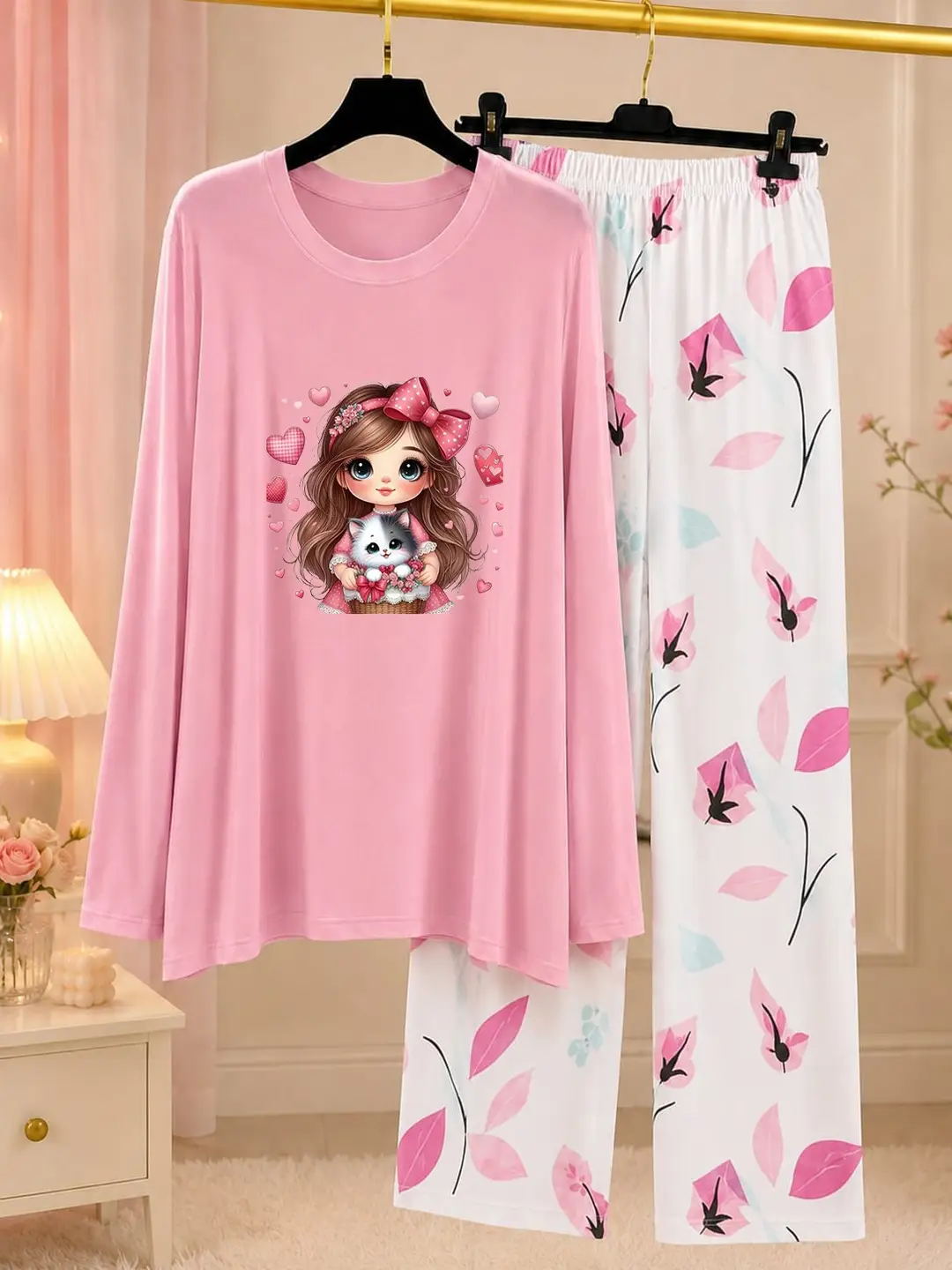2 Pcs Women's Stitched Jersey Printed Night Suit