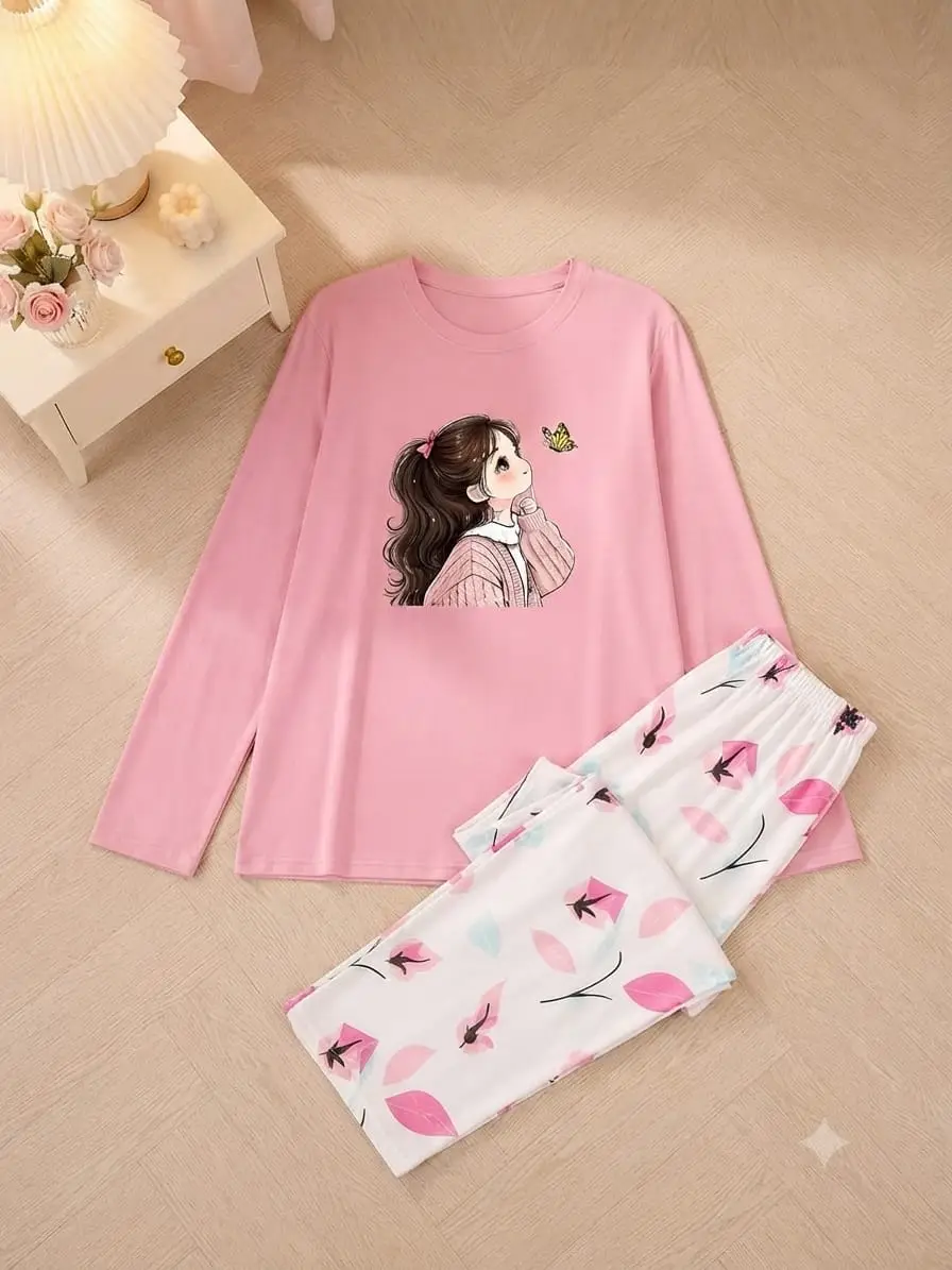 2 Pcs Women's Stitched Jersey Printed Night Suit