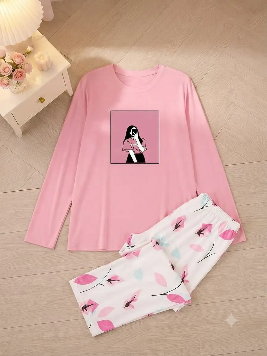 2 Pcs Women's Stitched Jersey Printed Night Suit