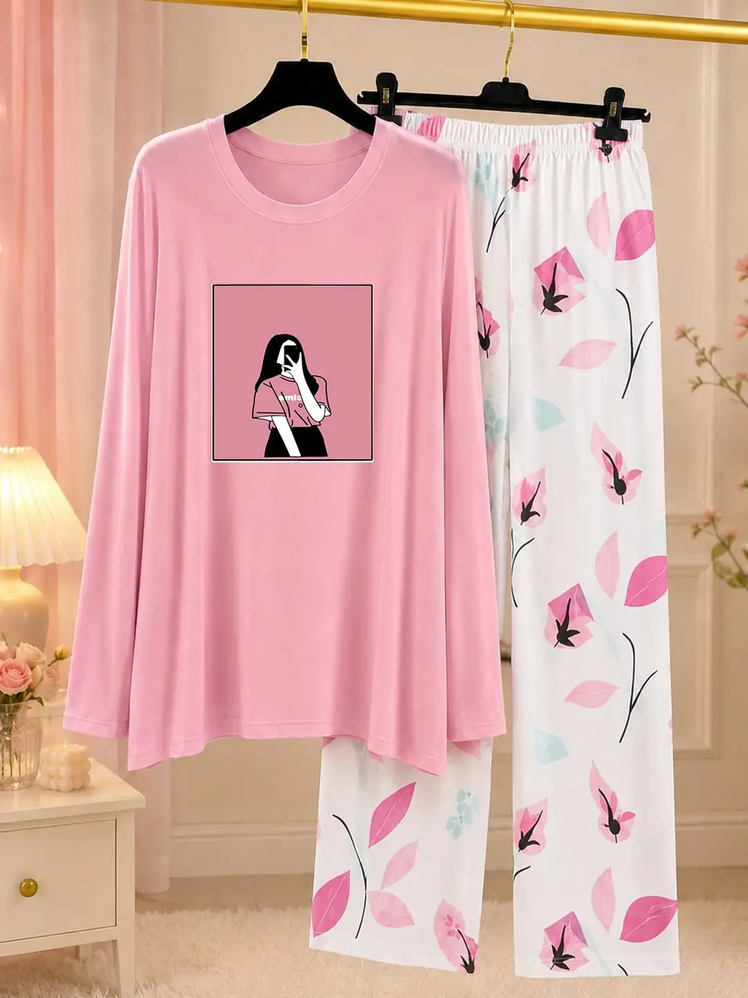 2 Pcs Women's Stitched Jersey Printed Night Suit