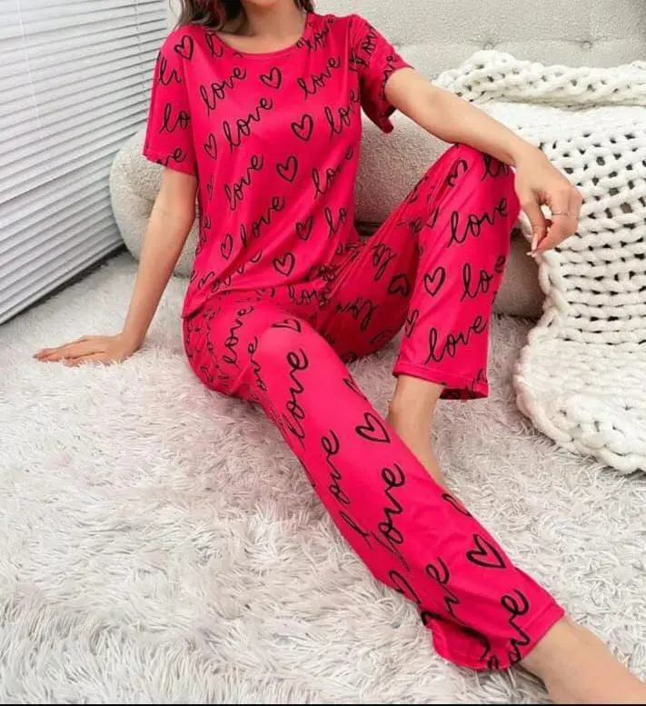 2 Pcs Women's Stitched Jersey Printed Night Suit