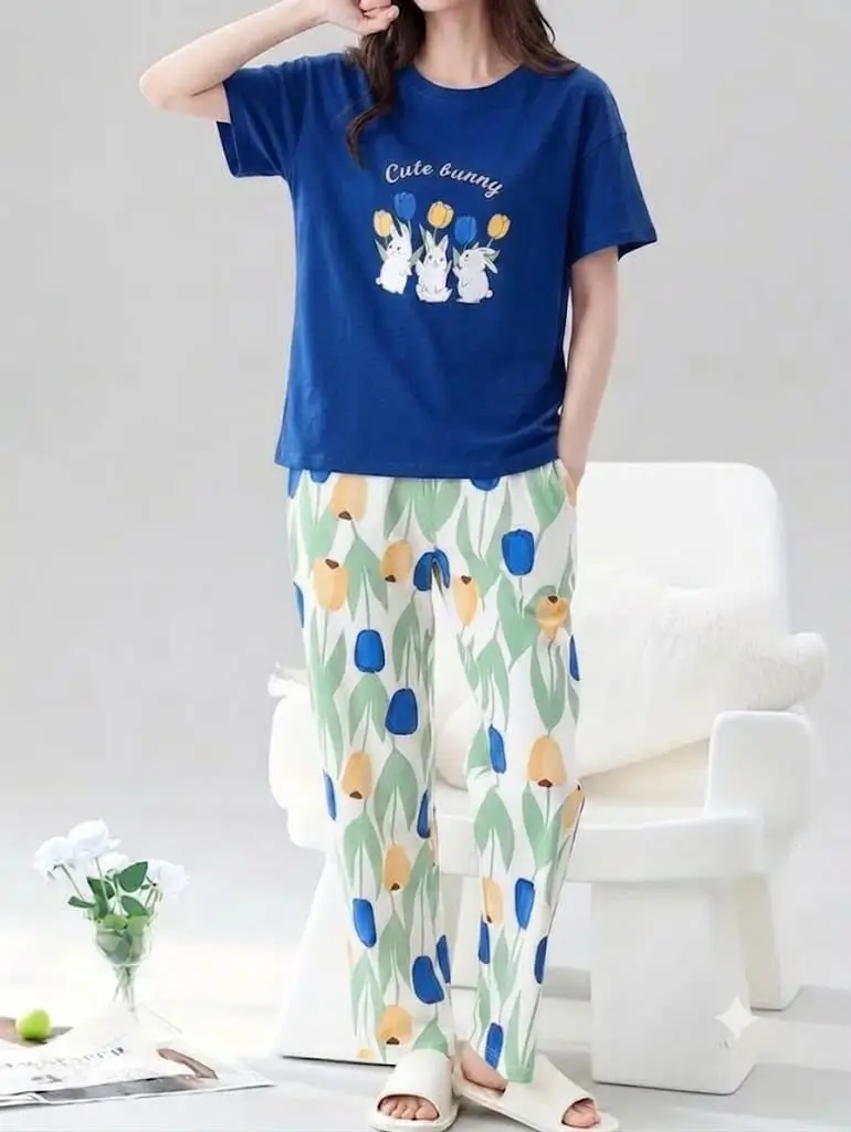 2 Pcs Women's Stitched Jersey Printed Night Suit