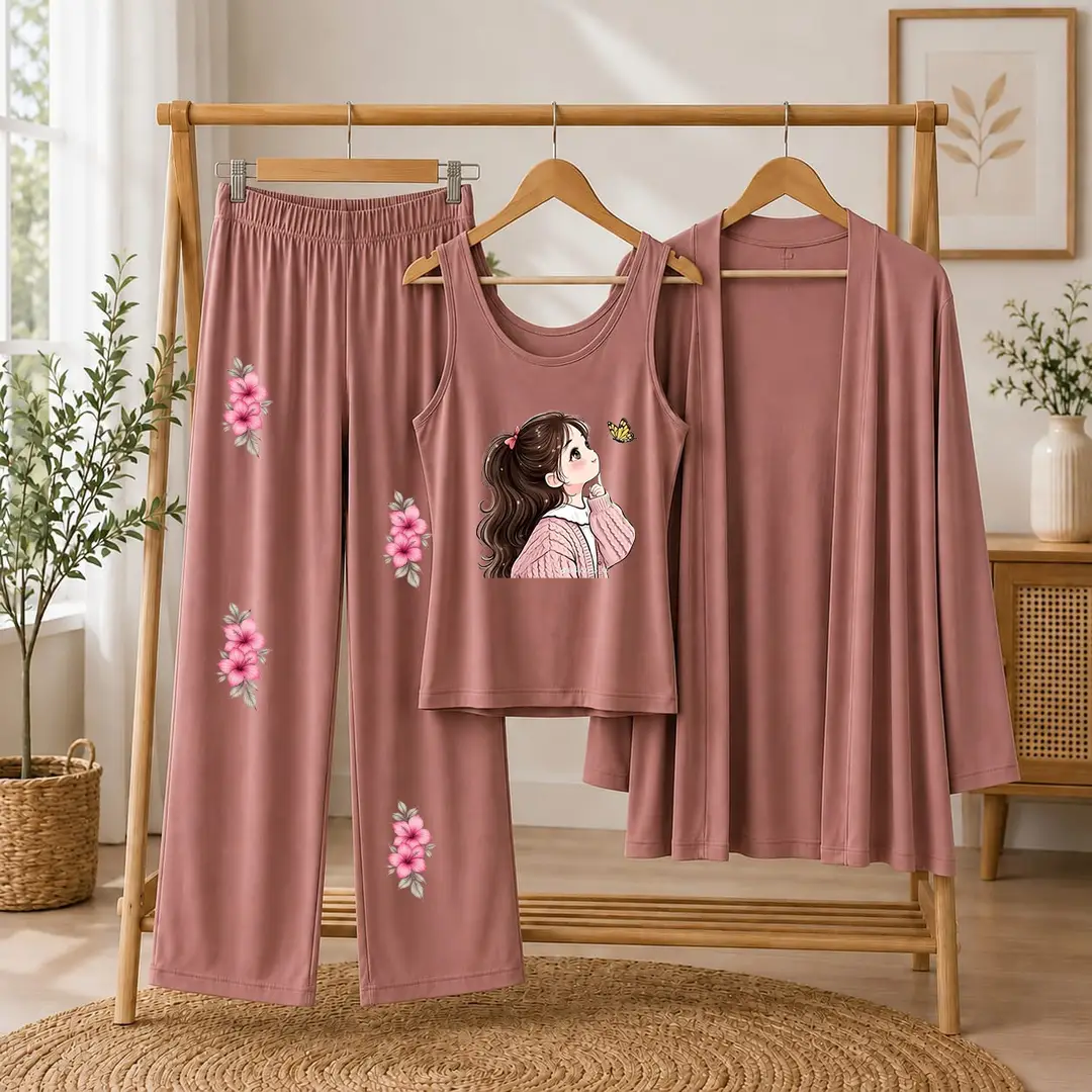 3 Pcs Women's Stitched Jersey Printed Night Suit