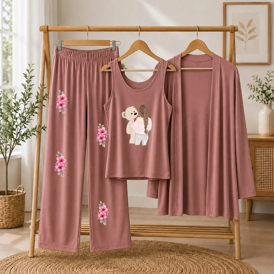 3 Pcs Women's Stitched Jersey Printed Night Suit