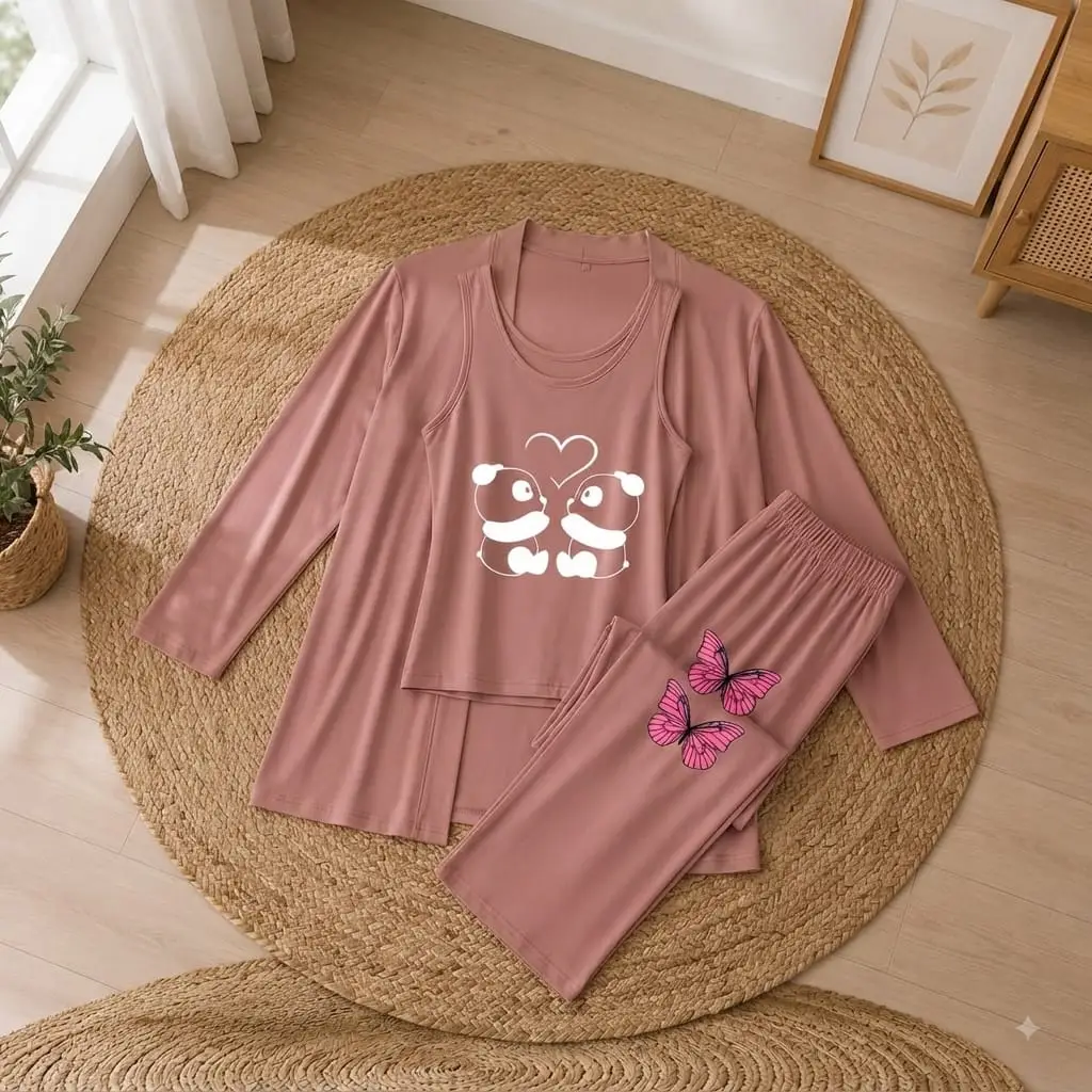 3 Pcs Women's Stitched Jersey Printed Night Suit