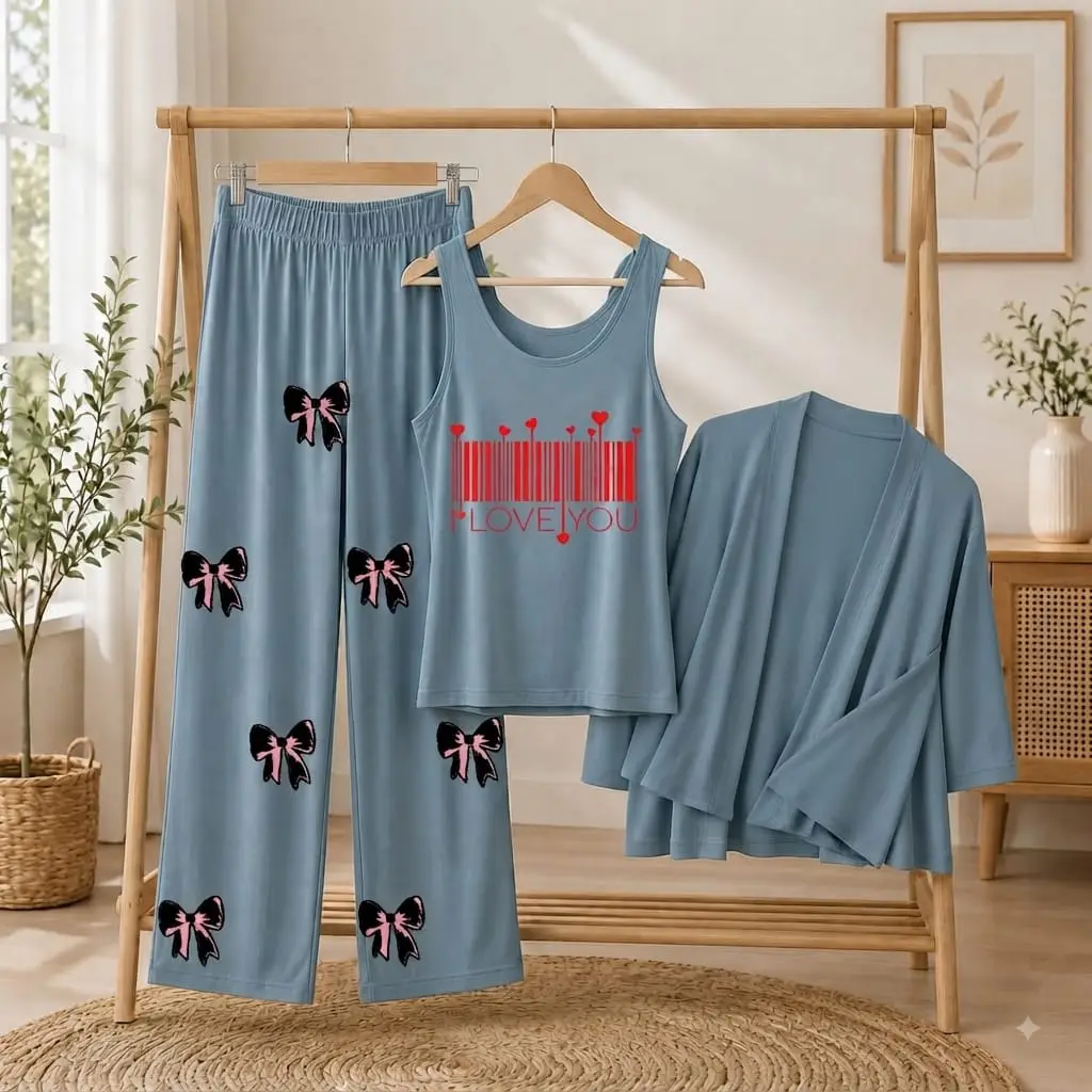 3 Pcs Women's Stitched Jersey Printed Night Suit