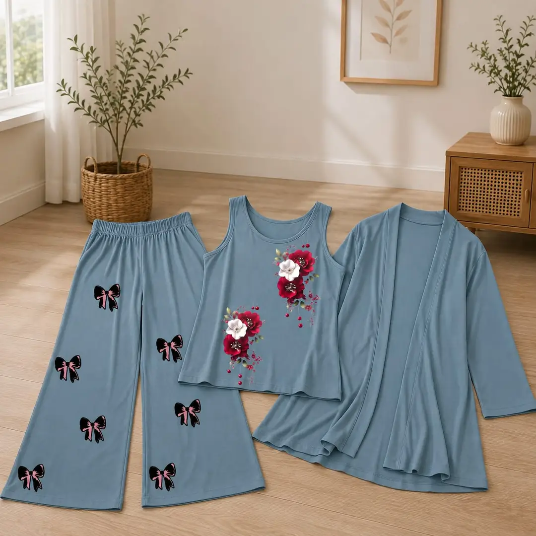 3 Pcs Women's Stitched Jersey Printed Night Suit