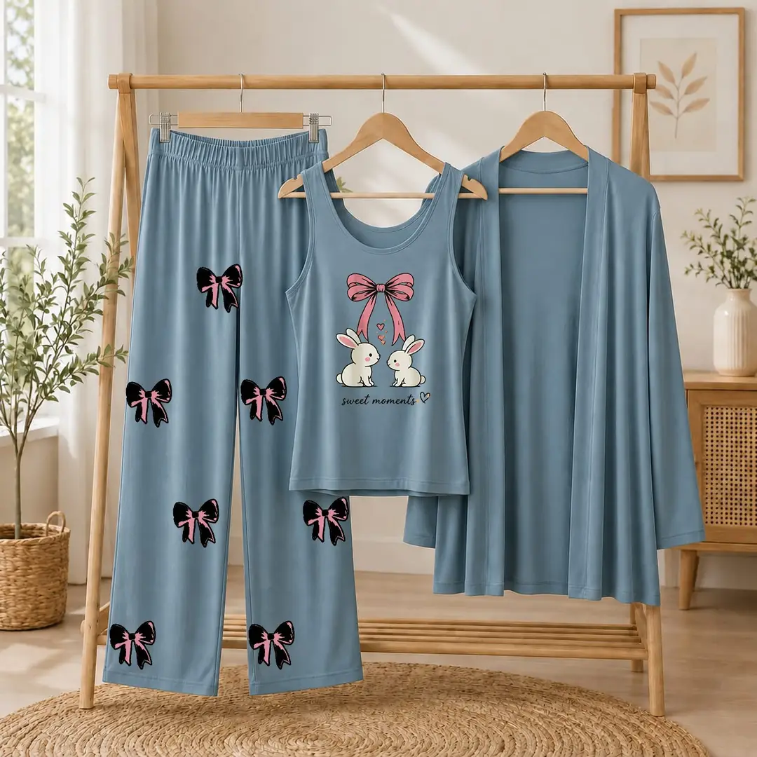 3 Pcs Women's Stitched Jersey Printed Night Suit
