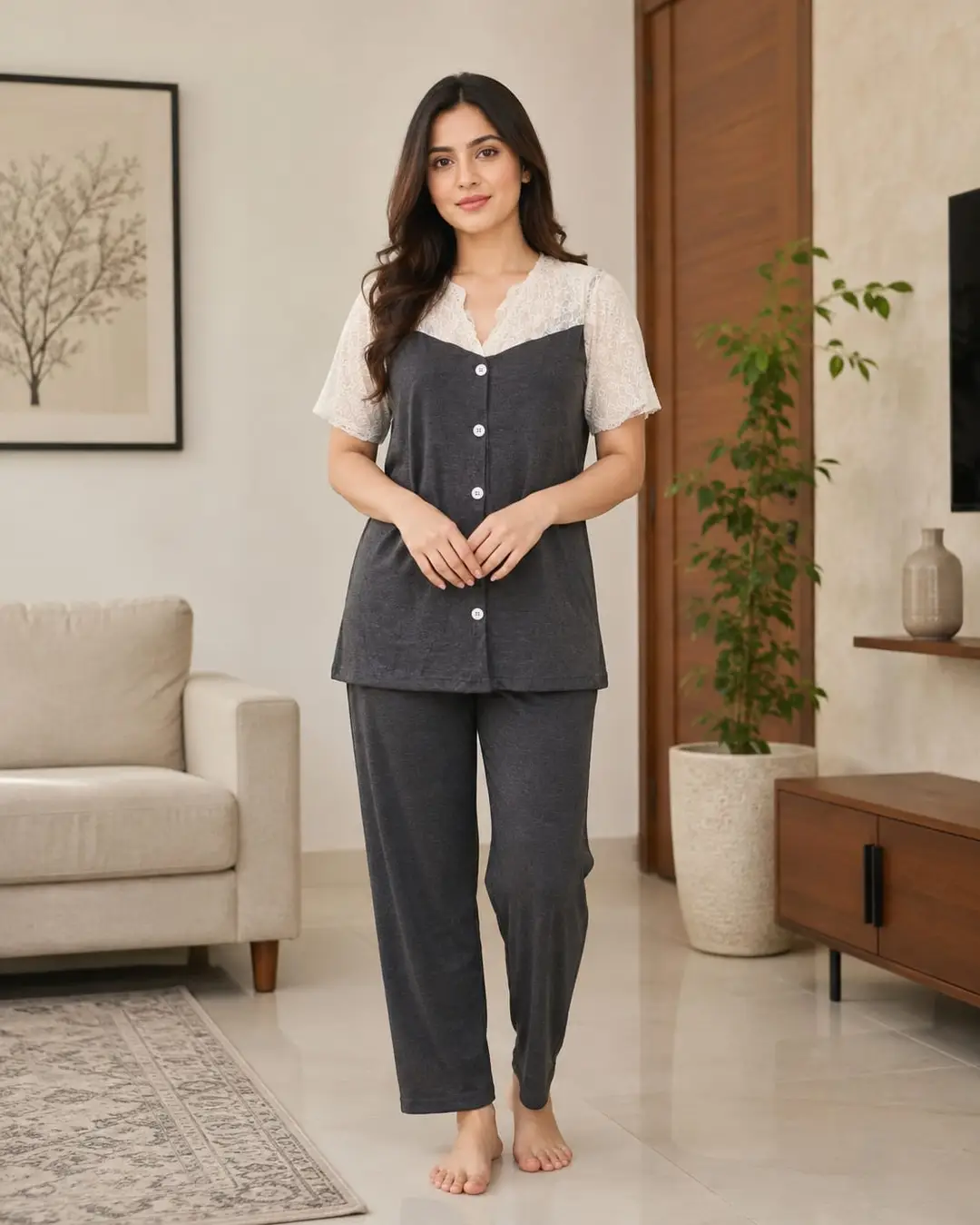 2 Pcs Women's Stitched Jersey Plain Night Suit