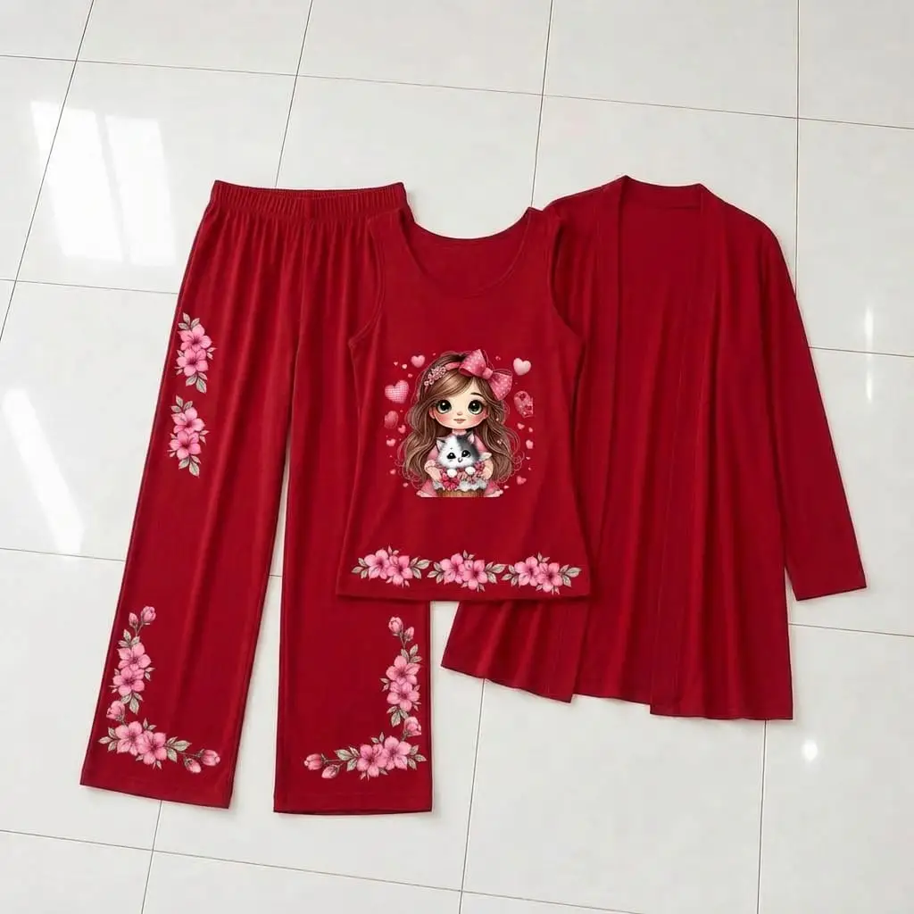 3 Pcs Women's Stitched Jersey Printed Night Suit