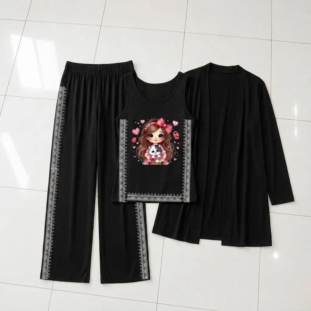 3 Pcs Women's Stitched Jersey Printed Night Suit