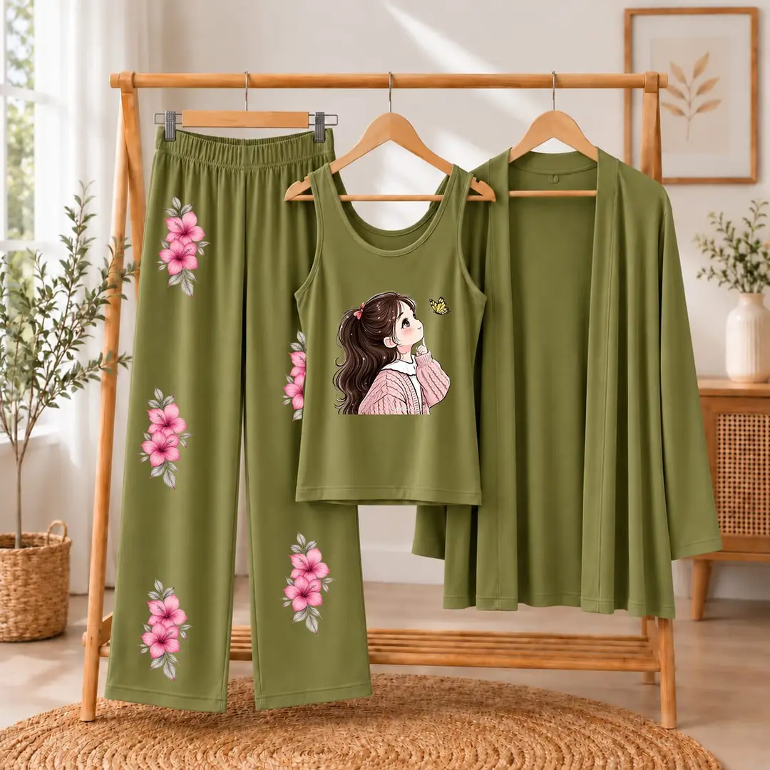 3 Pcs Women's Stitched Jersey Printed Night Suit