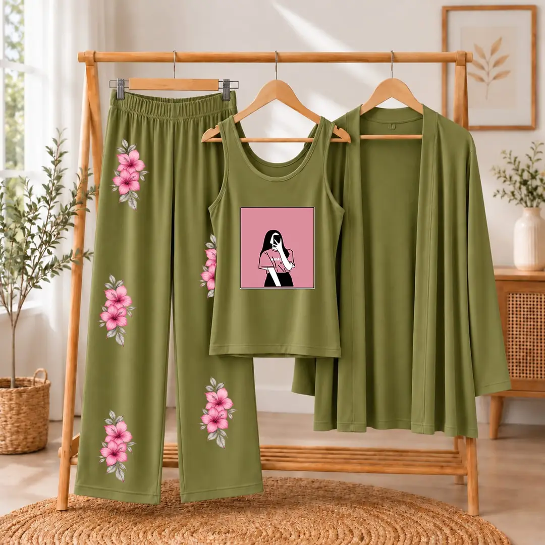 3 Pcs Women's Stitched Jersey Printed Night Suit