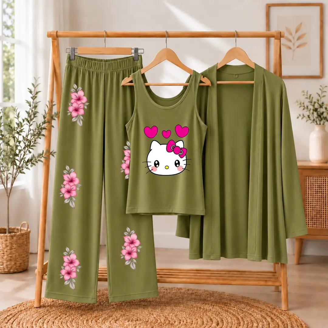 3 Pcs Women's Stitched Jersey Printed Night Suit