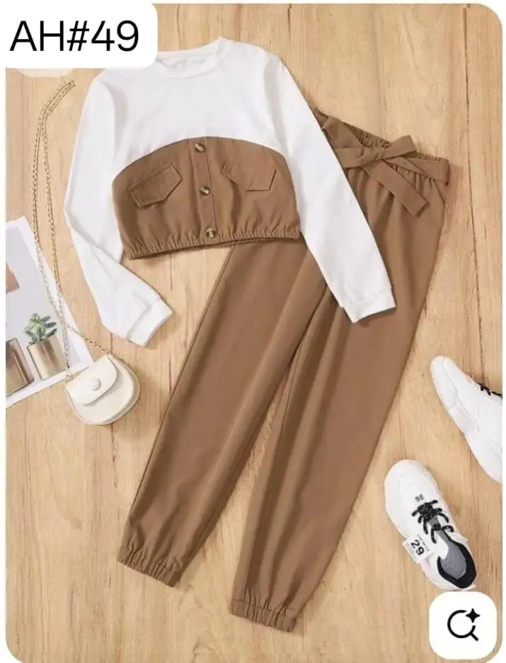 2 Pcs Girl's Stitched Cotton Jersey Plain Lounge Set