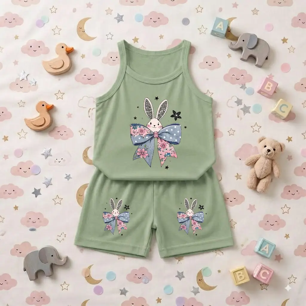 2 Pcs Girl's Stitched Jersey Printed Pajama And Shirt