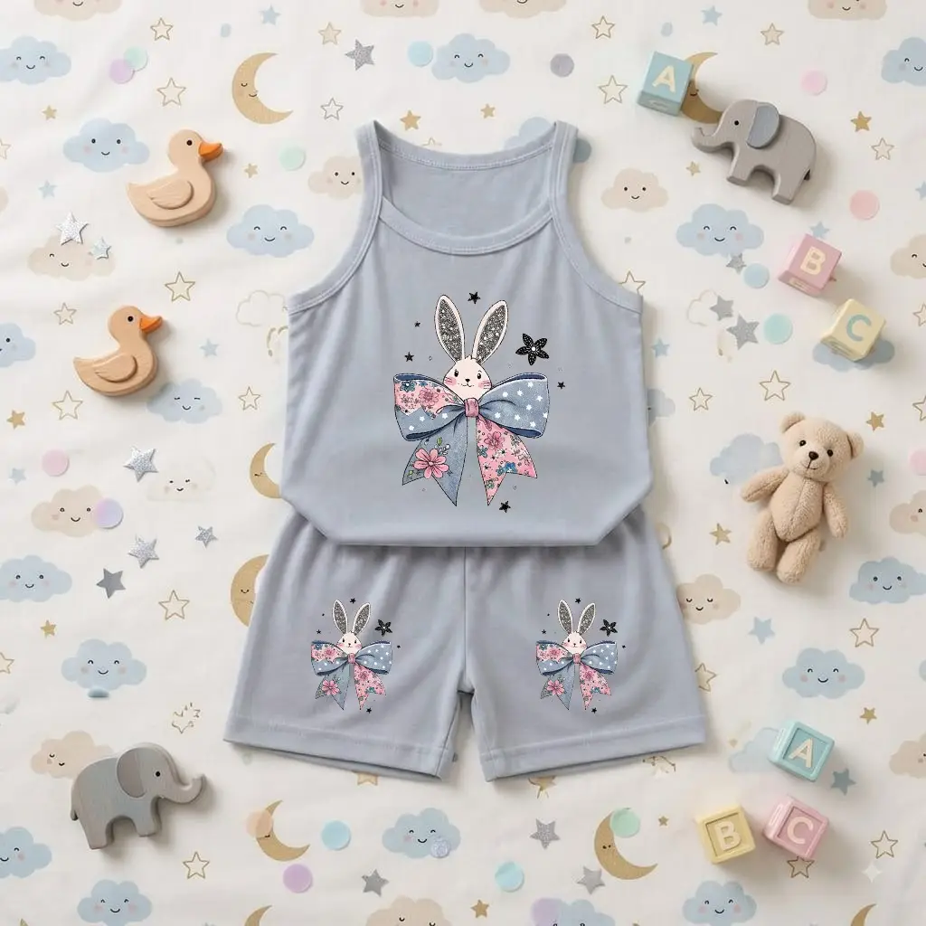 2 Pcs Girl's Stitched Jersey Printed Pajama And Shirt