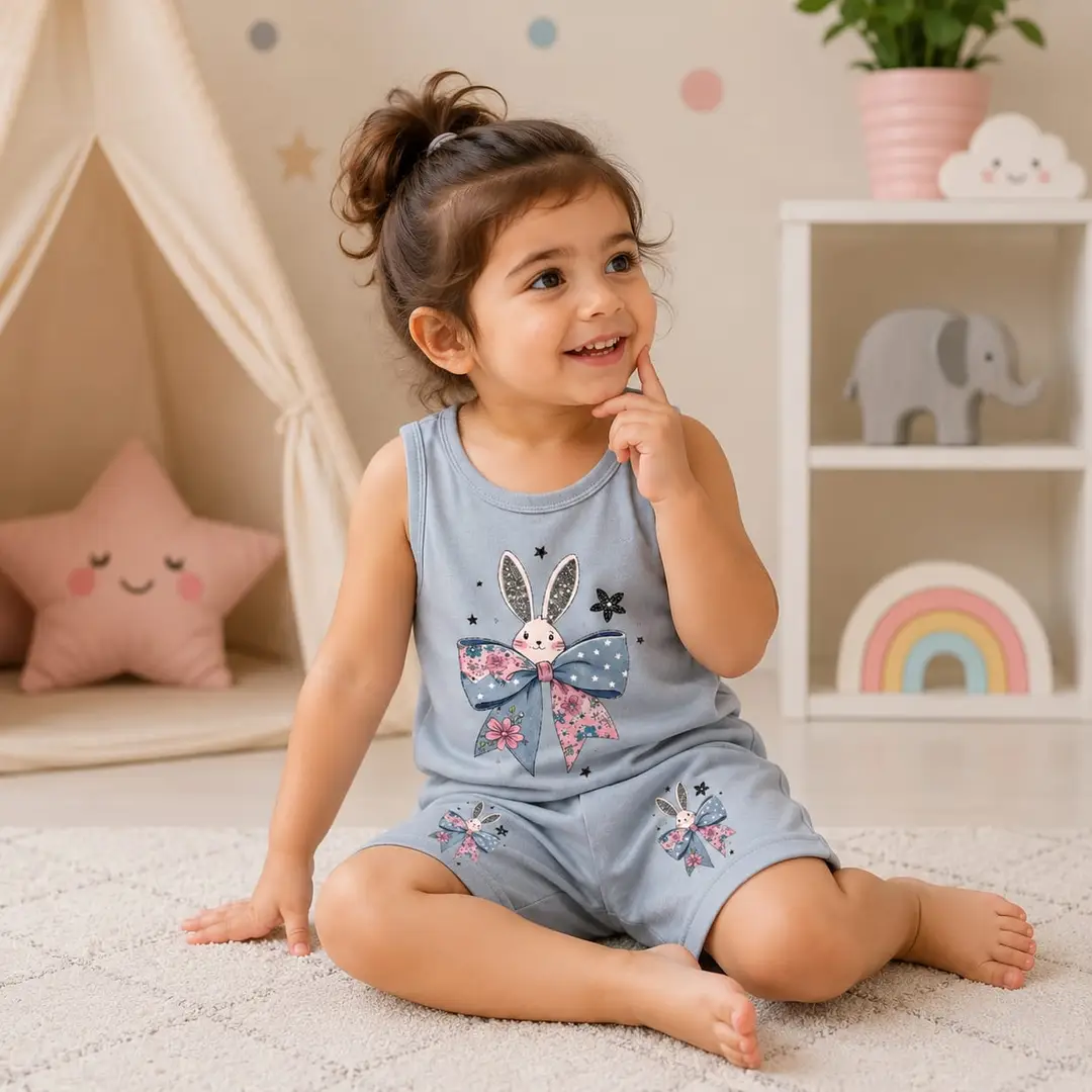 2 Pcs Girl's Stitched Jersey Printed Pajama And Shirt