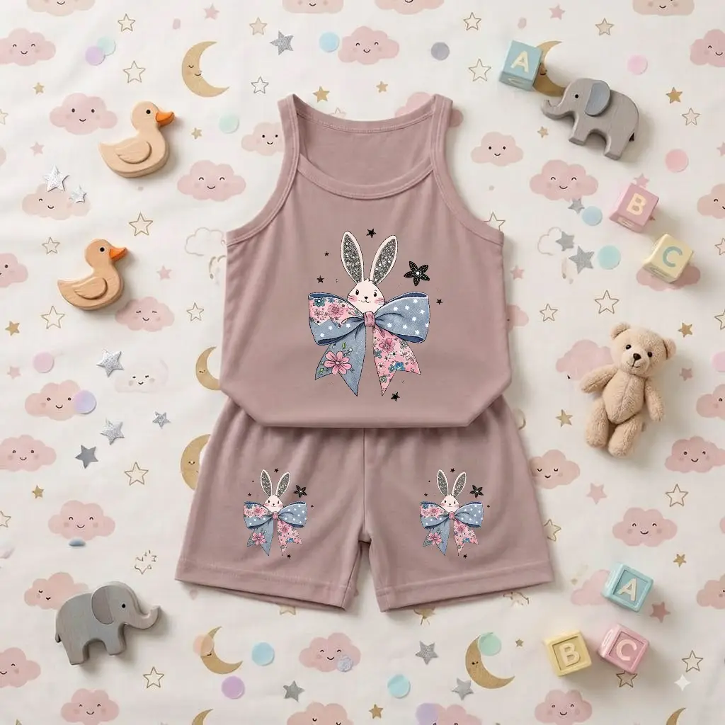 2 Pcs Girl's Stitched Jersey Printed Pajama And Shirt