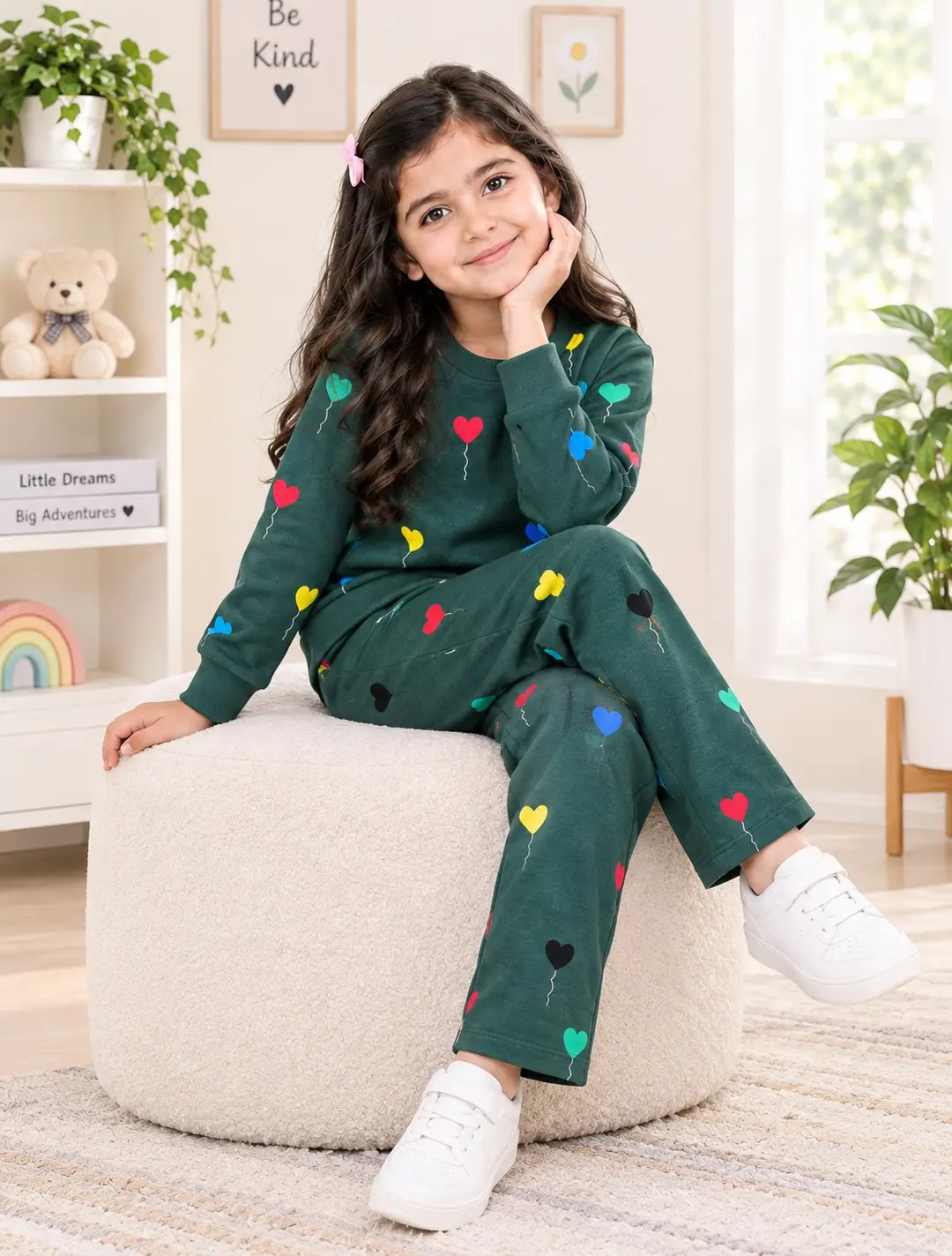 2 Pcs Girl's Fleece Printed Shirt And Trouser Suit