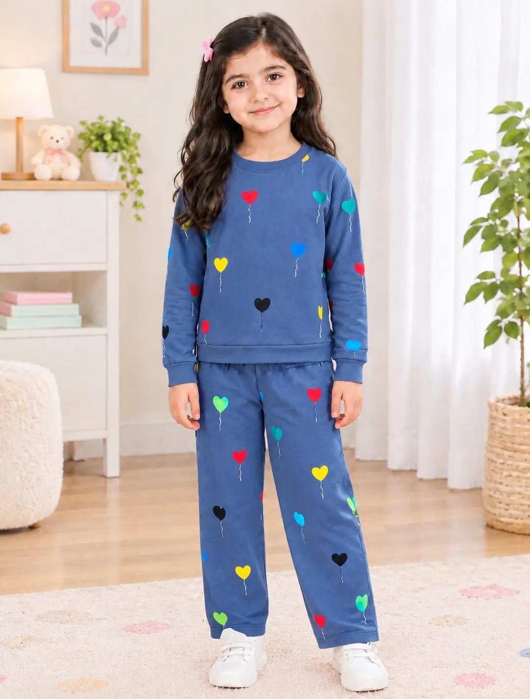 2 Pcs Girl's Fleece Printed Shirt And Trouser Suit