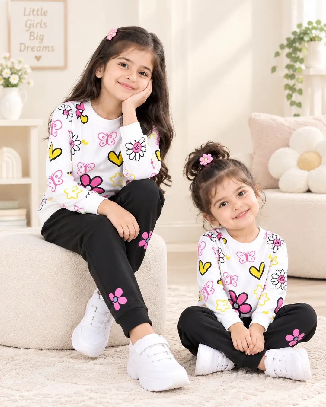 2 Pcs Girl's Fleece Printed Shirt And Trouser Suit