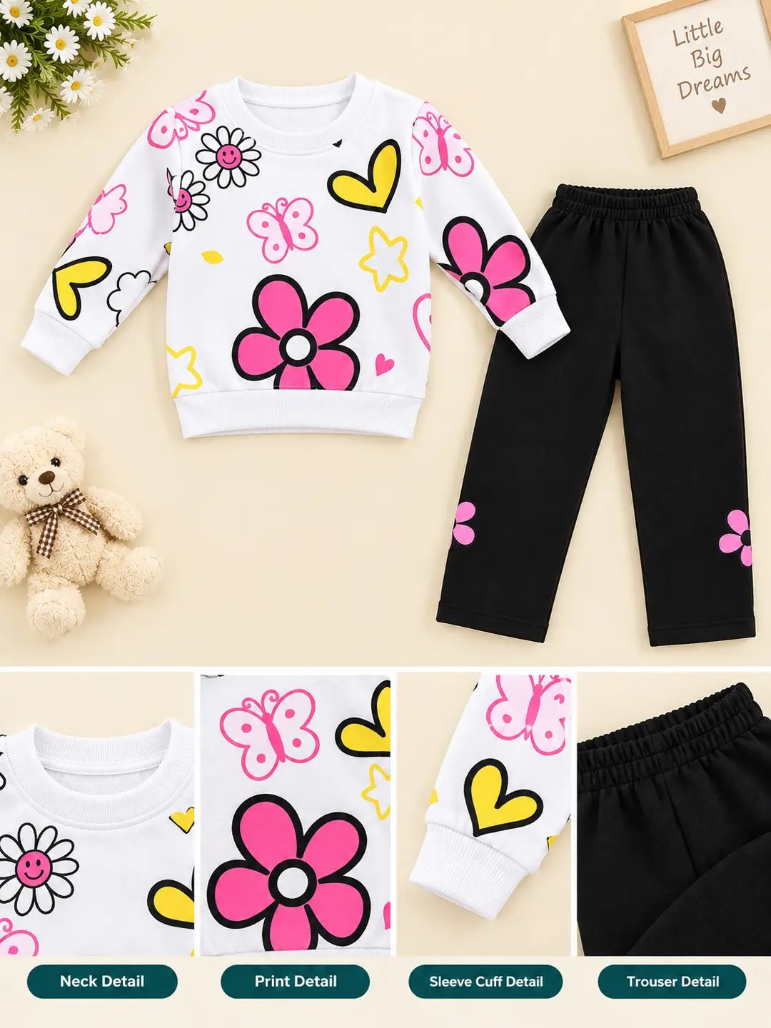 2 Pcs Girl's Fleece Printed Shirt And Trouser Suit