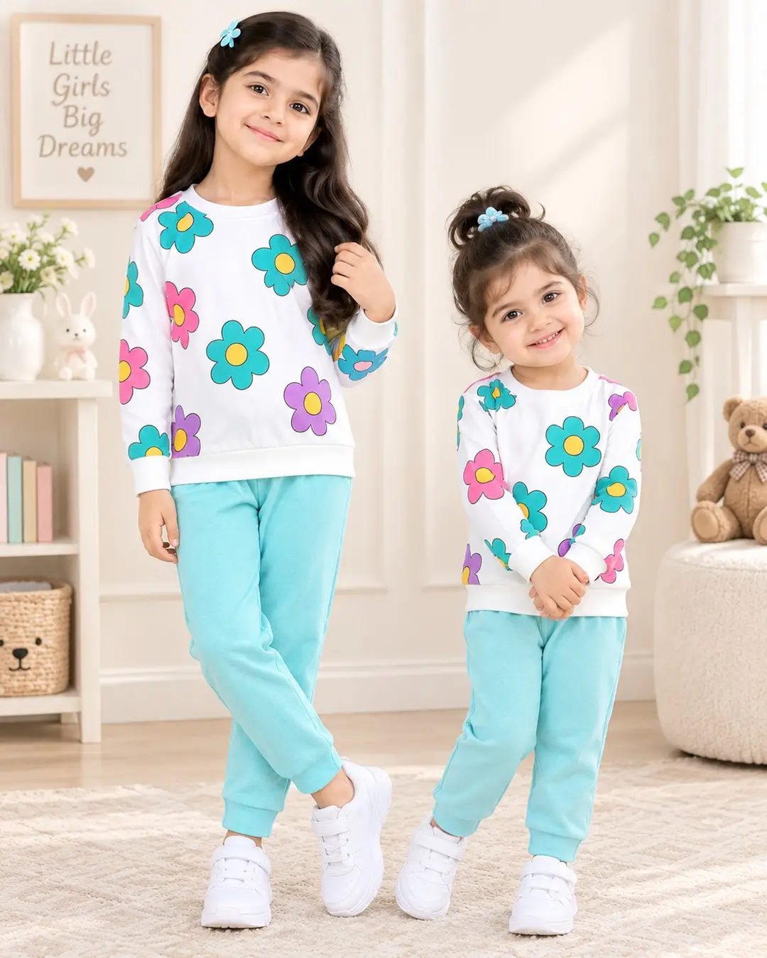 2 Pcs Girl's Fleece Printed Shirt And Trouser Suit