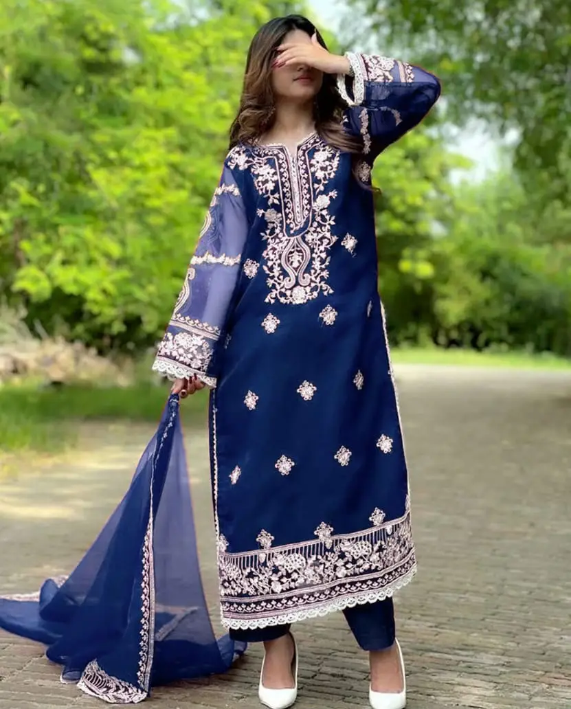 3 Pcs Women's Stitched Organza Embroidered Suit