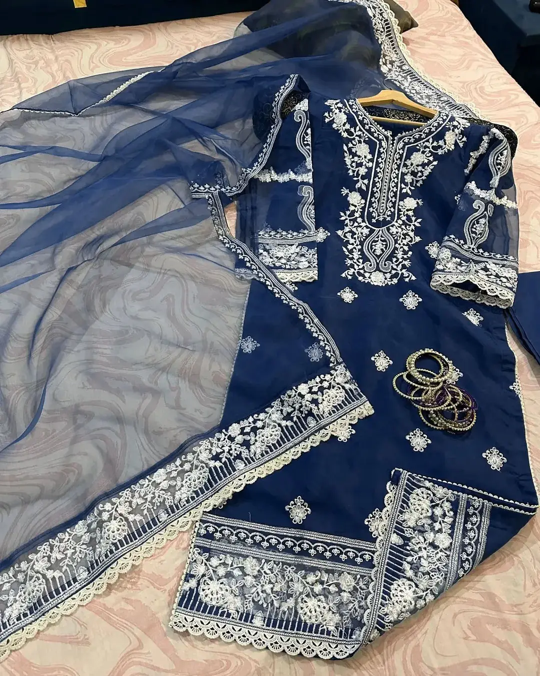 3 Pcs Women's Stitched Organza Embroidered Suit