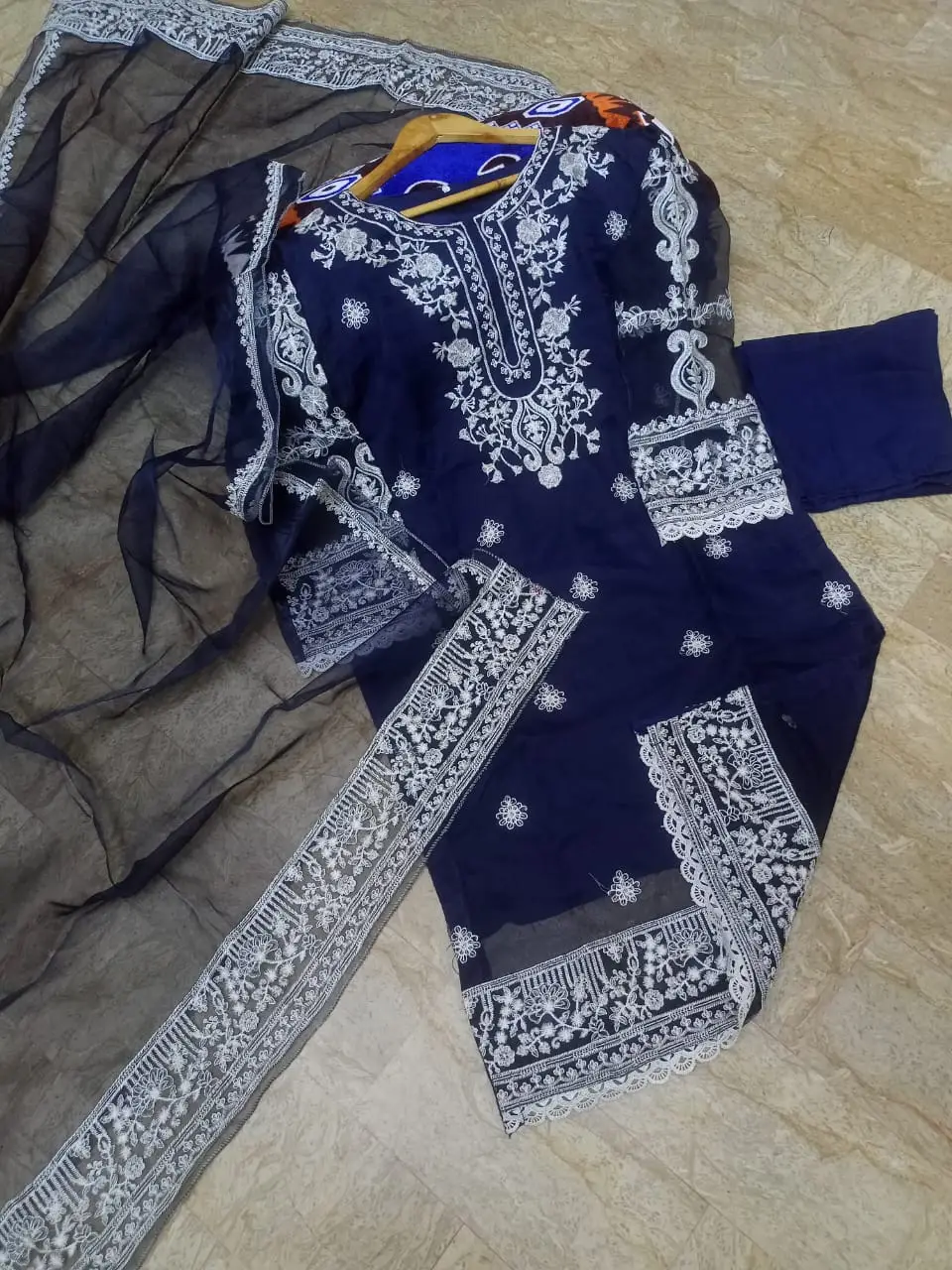 3 Pcs Women's Stitched Organza Embroidered Suit