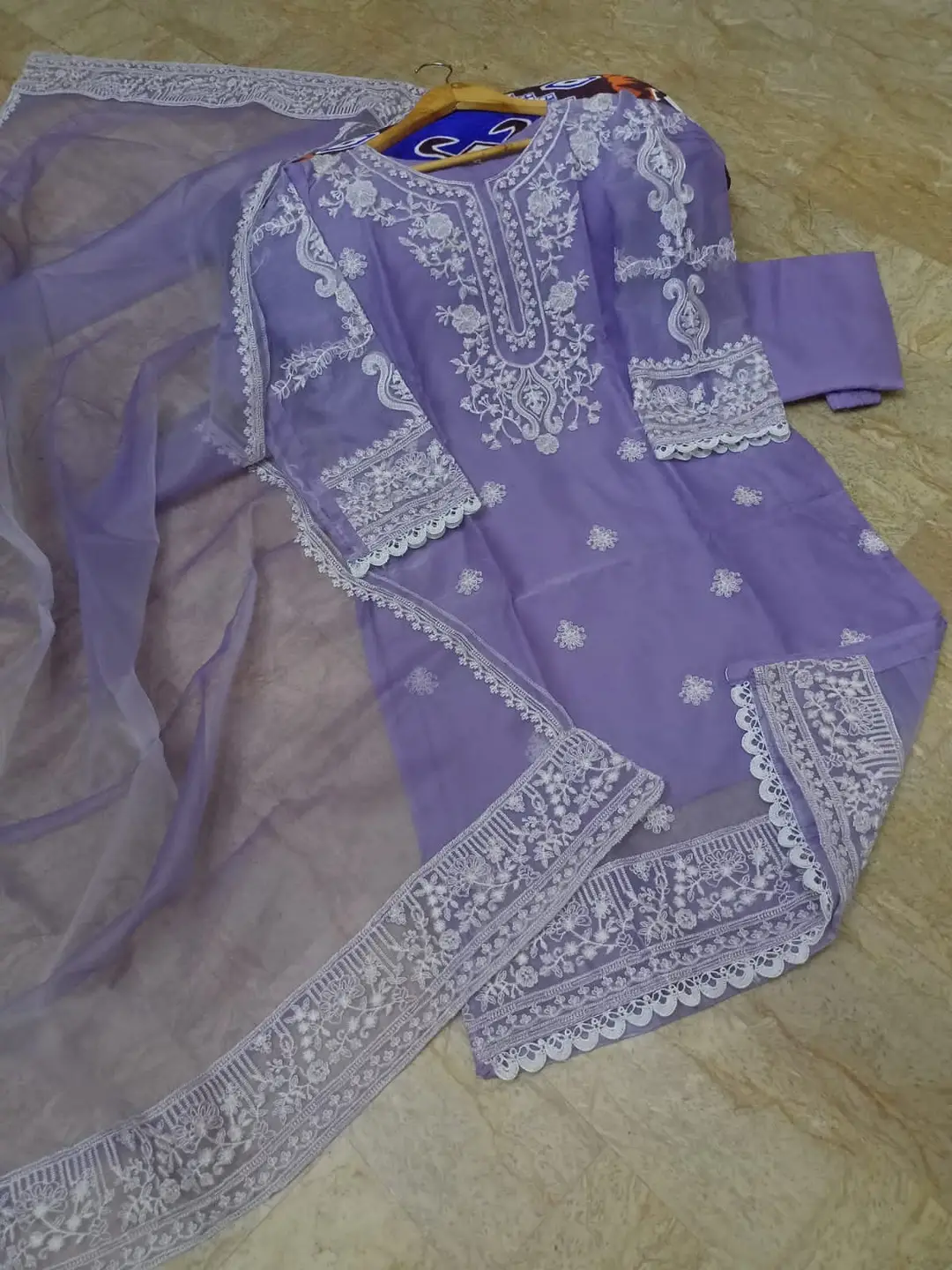 3 Pcs Women's Stitched Organza Embroidered Suit