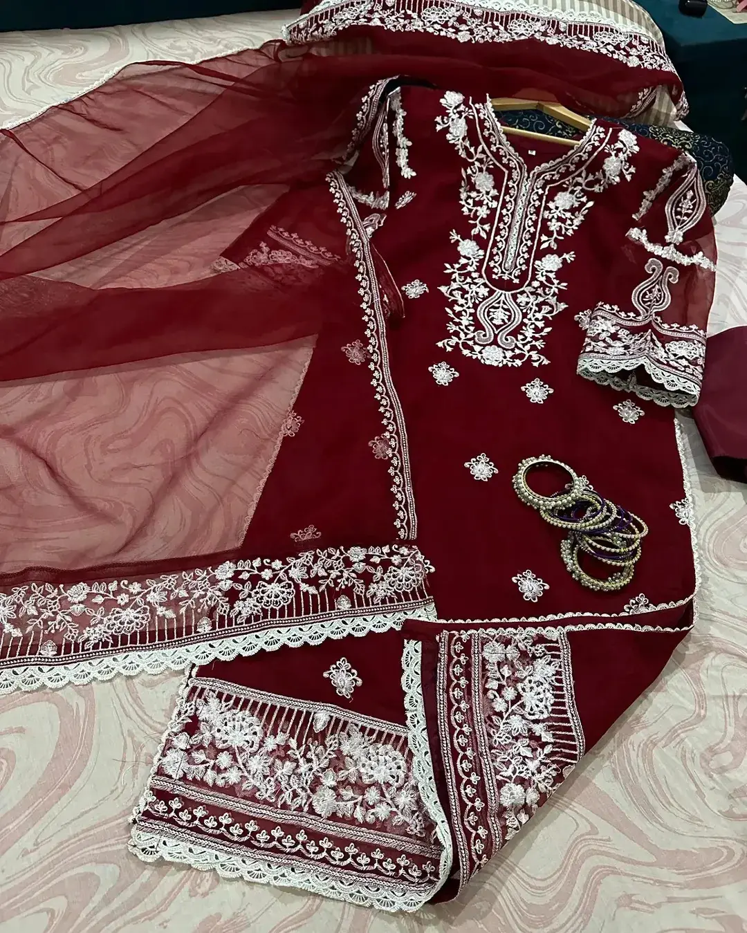 3 Pcs Women's Stitched Organza Embroidered Suit