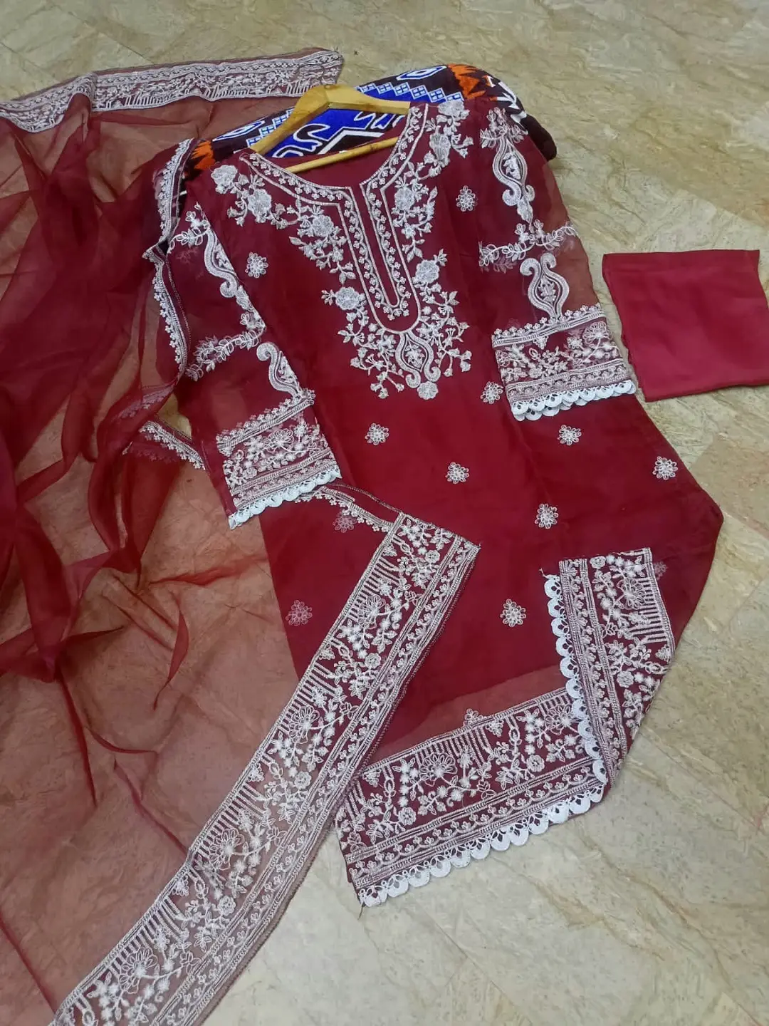 3 Pcs Women's Stitched Organza Embroidered Suit
