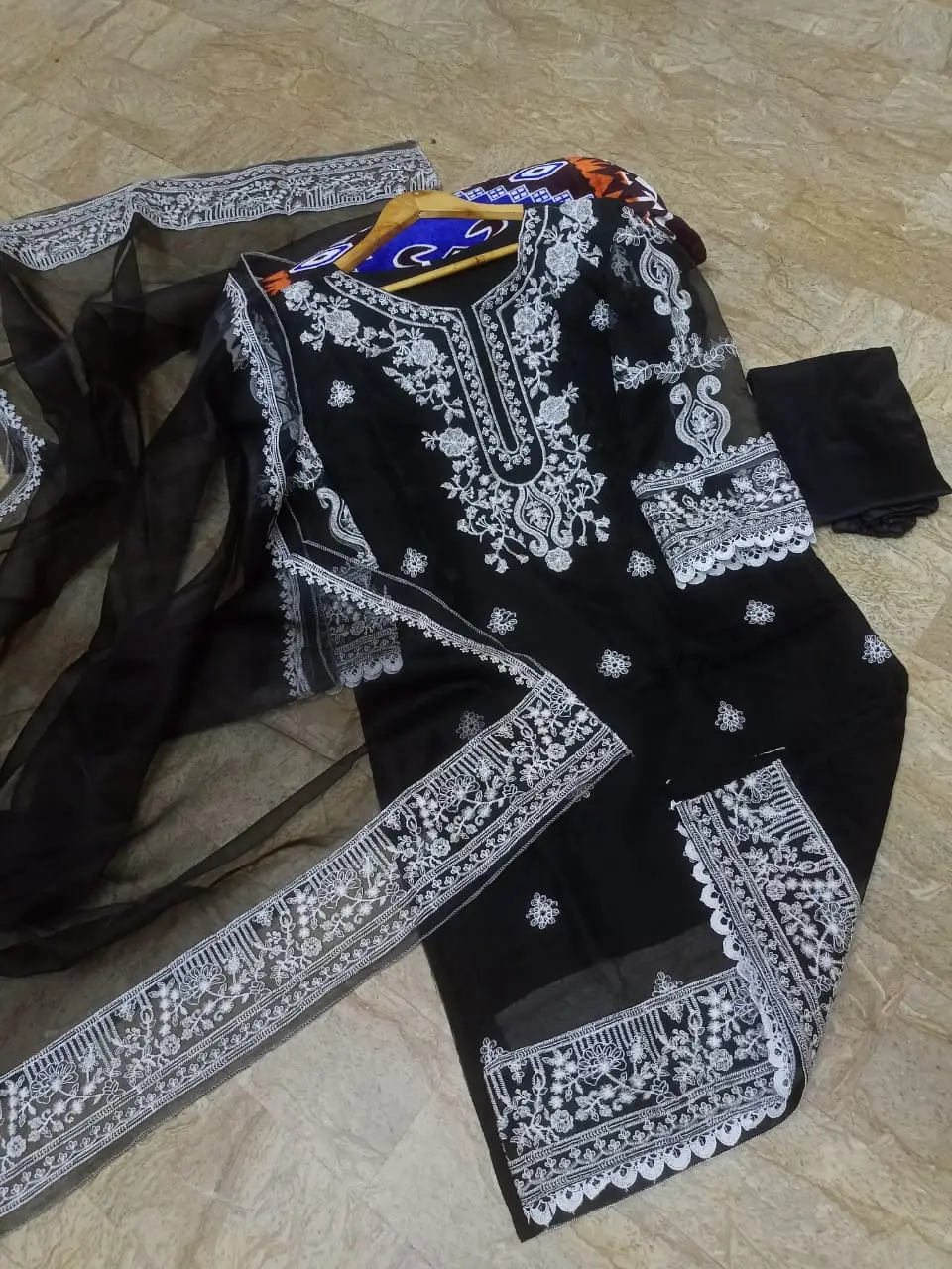 3 Pcs Women's Stitched Organza Embroidered Suit